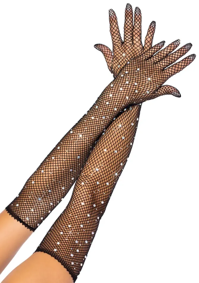 Anal Rhinestone Fishnet Long Gloves Black Leg Avenue