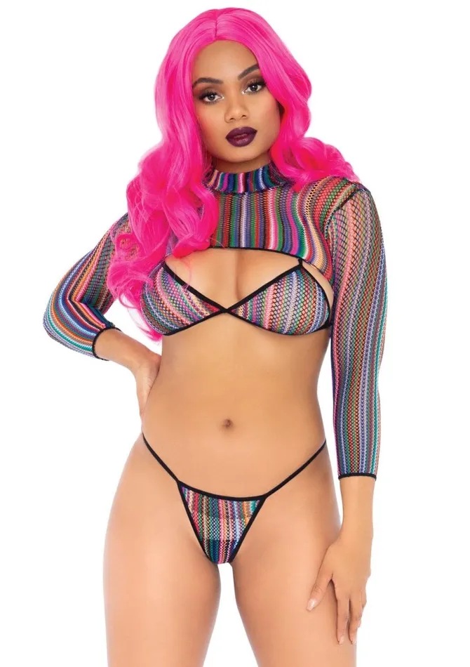 Vibrators 3 Pc Fishnet Bikini GString and Crop Top One Size Multicolor Leg Avenue Vibrators 3 Pc Fishnet Bikini GString and Crop Top One Size Multicolor Leg Avenue