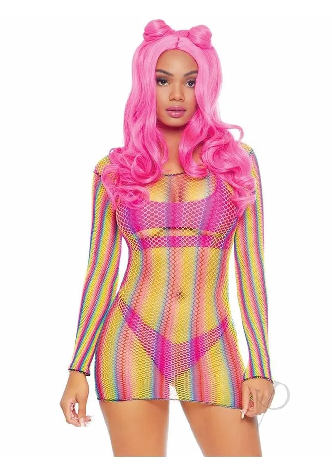 Leg Avenue Female Sex Toys Rainbow Fishnet Sleeve Mini Dress Os