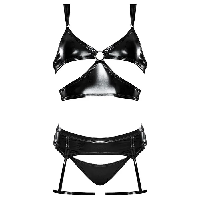Exposed Liquid Onyx Wet Look Cutout 3Piece Lingerie Set Magic Silk Female Sex Toys