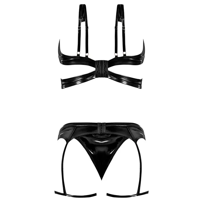Exposed Liquid Onyx Wet Look Cutout 3Piece Lingerie Set Magic Silk Female Sex Toys