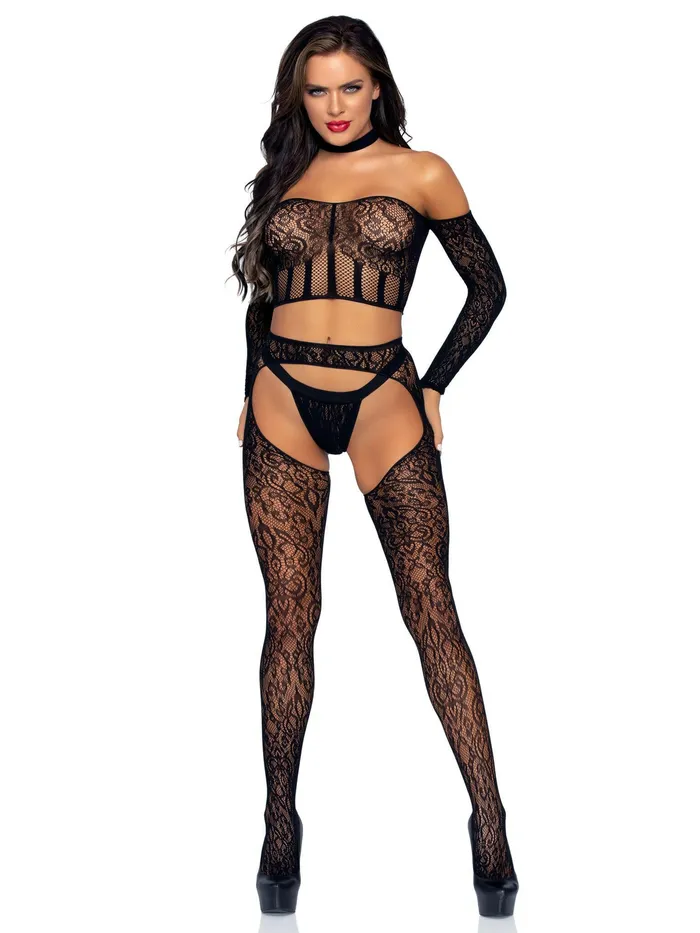 Anal 3 Pc Halter Choker Crop Top Suspender Hose and GString One Size Black Leg Avenue Anal 3 Pc Halter Choker Crop Top Suspender Hose and GString One Size Black Leg Avenue