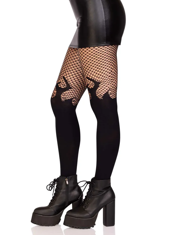 Leg Avenue Bodystockings Playsuits Opaque Flame Tights With Fishnet Top One Size Black Leg Avenue Bodystockings Playsuits Opaque Flame Tights With Fishnet Top One Size Black