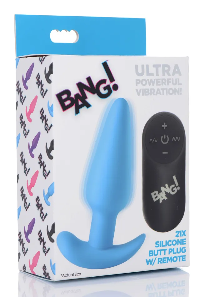 XR Brands Bang Anal 21x Silicone Butt Plug With Remote Blue