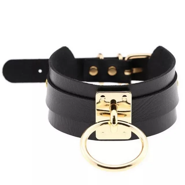 Idea Anal 0799DL Black Gold Bondage Collar with Gold Hardware