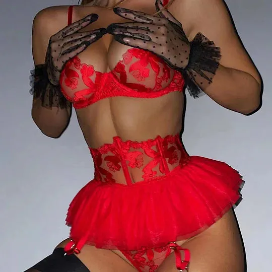 Couples lurevibe Three Piece Embroider Sexy Underwear Suit