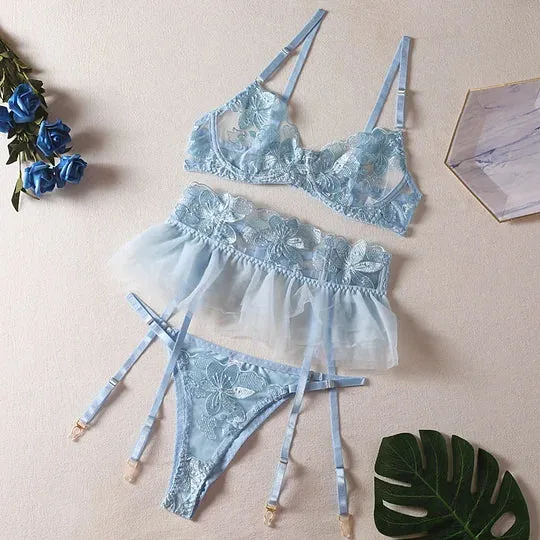 Couples lurevibe Three Piece Embroider Sexy Underwear Suit