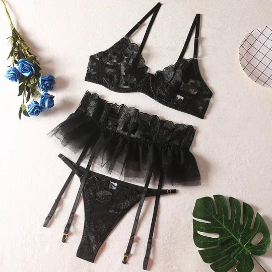 Couples lurevibe Three Piece Embroider Sexy Underwear Suit
