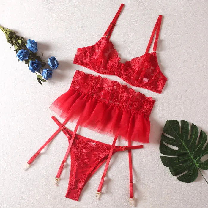 Couples lurevibe Three Piece Embroider Sexy Underwear Suit