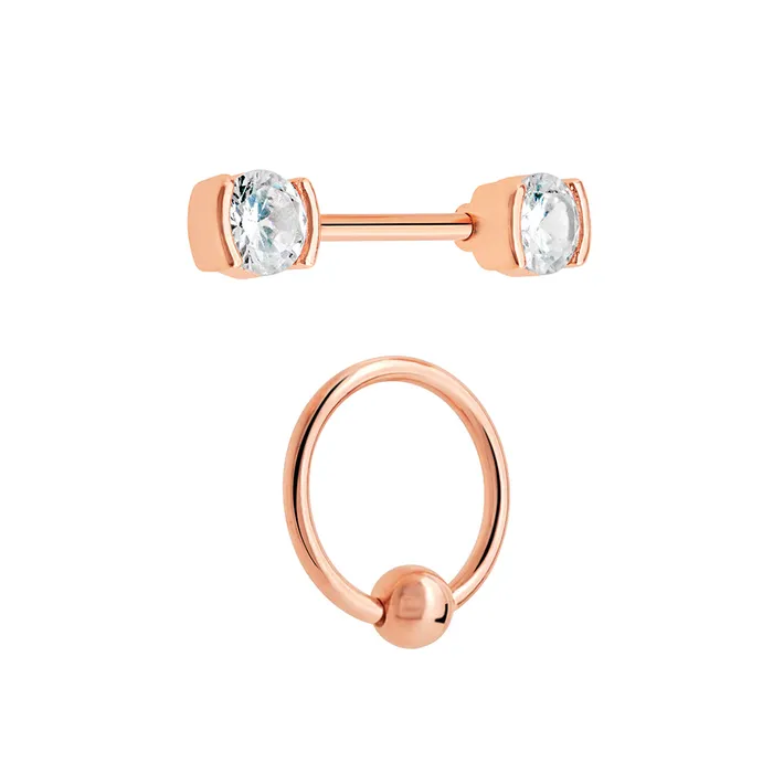 14g PVD Rose Gold Nipple Jewelry Set BezelSet Crystal Jeweled Straight Barbells and Captive Bead Rings Painful Pleasures Anal