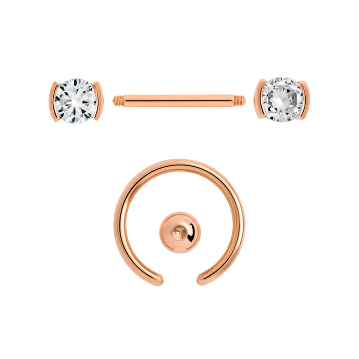 14g PVD Rose Gold Nipple Jewelry Set BezelSet Crystal Jeweled Straight Barbells and Captive Bead Rings Painful Pleasures Anal