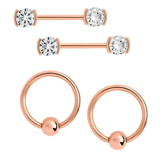 14g PVD Rose Gold Nipple Jewelry Set BezelSet Crystal Jeweled Straight Barbells and Captive Bead Rings Painful Pleasures Anal