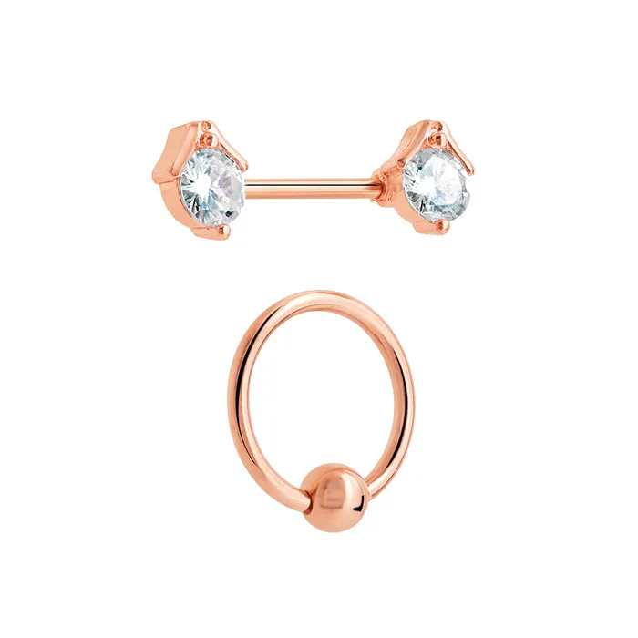 Anal Painful Pleasures 14g PVD Rose Gold Nipple Jewelry Set ProngSet Crystal Jeweled Straight Barbells and Captive Bead Rings
