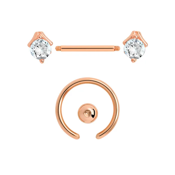 Anal Painful Pleasures 14g PVD Rose Gold Nipple Jewelry Set ProngSet Crystal Jeweled Straight Barbells and Captive Bead Rings