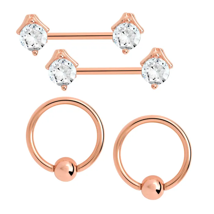 Anal Painful Pleasures 14g PVD Rose Gold Nipple Jewelry Set ProngSet Crystal Jeweled Straight Barbells and Captive Bead Rings