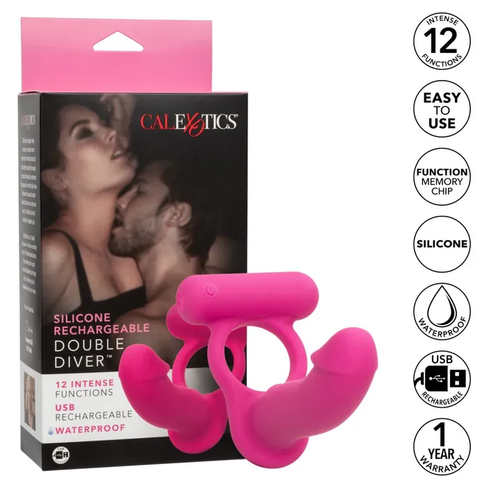 Double Diver Vibrating Pink Cock Ring for Double Penetration CalExotics Couples