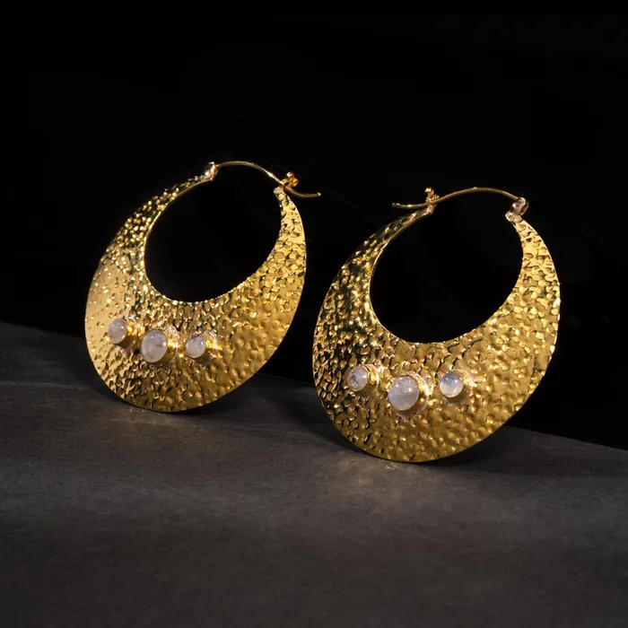 Elementals Organics Vibrators 16g Hammered Polished Brass and Moonstone Earrings Price Per 2