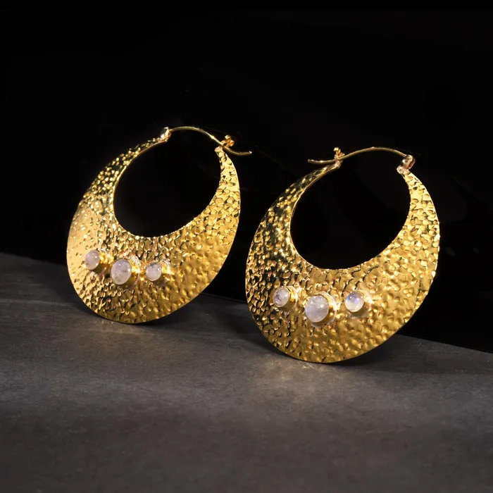 Elementals Organics Vibrators 16g Hammered Polished Brass and Moonstone Earrings Price Per 2