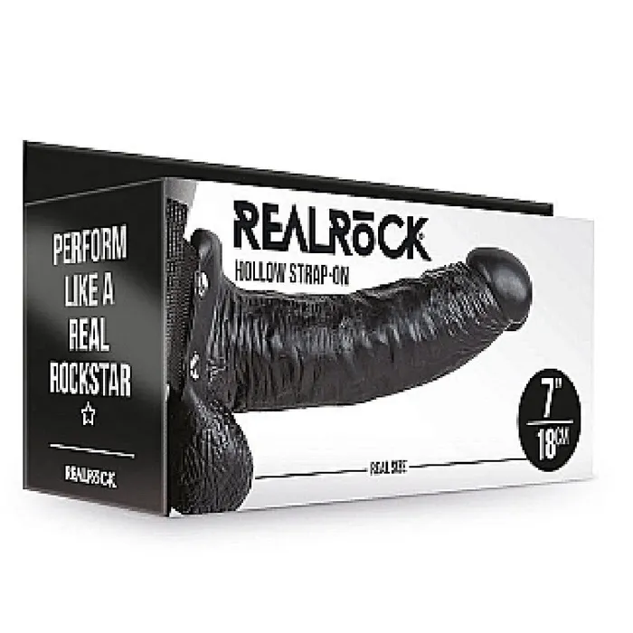 Female Sex Toys Realrock 7 Inch Hollow Dildo with Balls Strapon Harness Black Shots