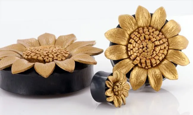 GOLDEN Sun Flower Painted Leather Double Flare Horn Plug 8mm 50mm Price Per 1 Elementals Organics Anal GOLDEN Sun Flower Painted Leather Double Flare Horn Plug 8mm 50mm Price Per 1 Elementals Organics Anal