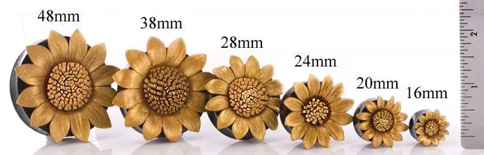 GOLDEN Sun Flower Painted Leather Double Flare Horn Plug 8mm 50mm Price Per 1 Elementals Organics Anal