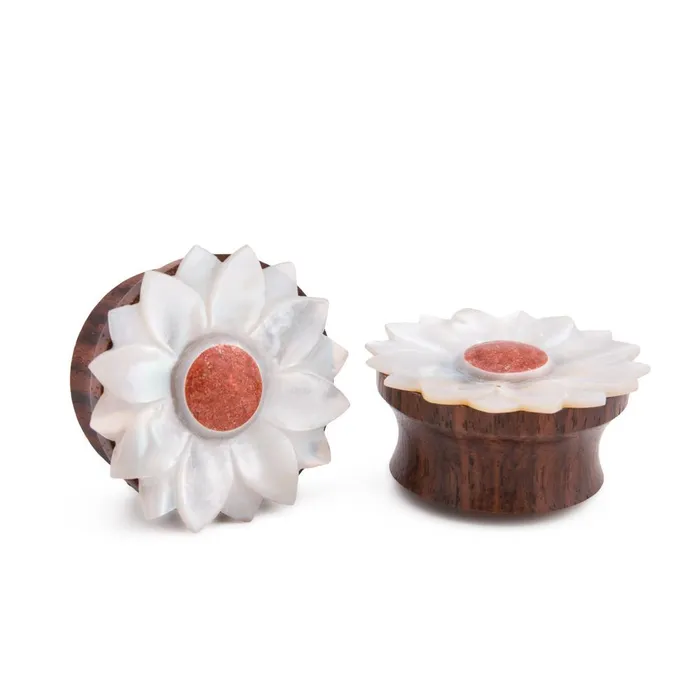 Male Sex Toys Elementals Organics Mother of Pearl Flower Sono Wood Plug with Coral Center 8mm30mm Price Per 1