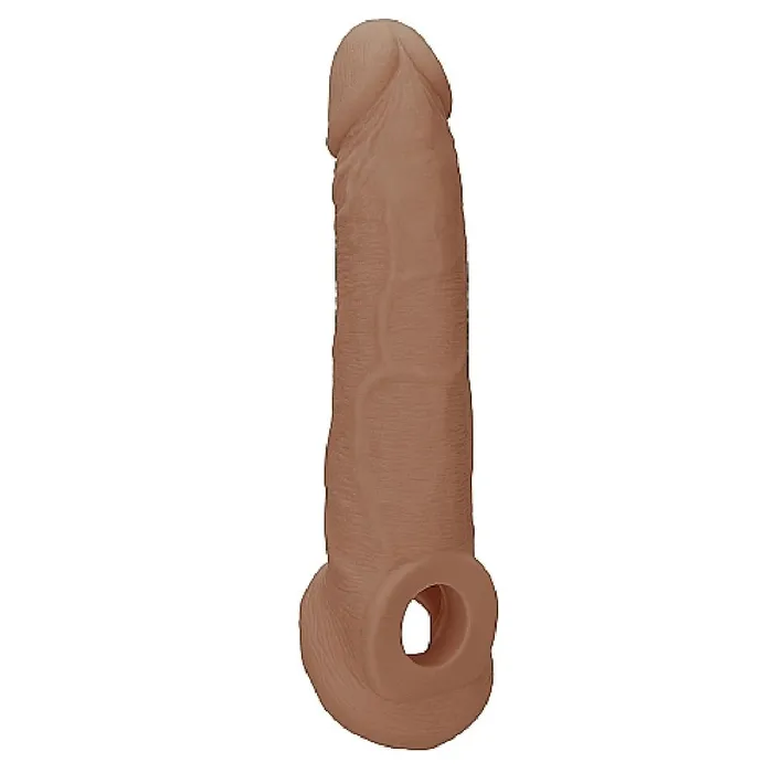 Male Sex Toys Realrock 9 Inch Penis Extender Sleeve with Ball Strap Caramel Shots