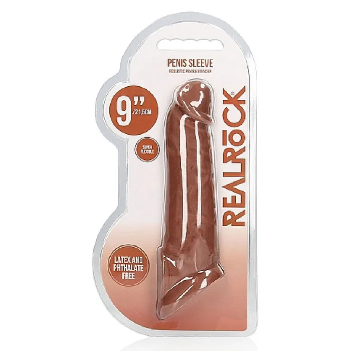 Male Sex Toys Realrock 9 Inch Penis Extender Sleeve with Ball Strap Caramel Shots