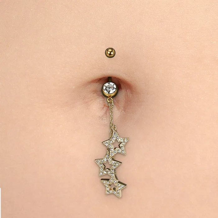 Painful Pleasures Male Sex Toys 14g 716 PVD Gold Starfall Dangle Belly Button Ring