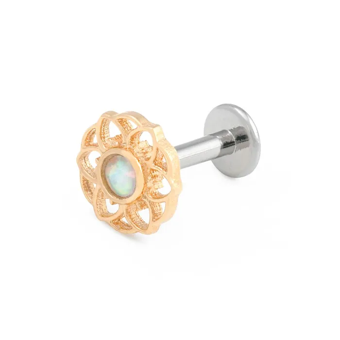 Tilum 14g12g Internally Threaded Yellow Gold Hellebore Top White Opal Center Price Per 1 Tilum Vibrators